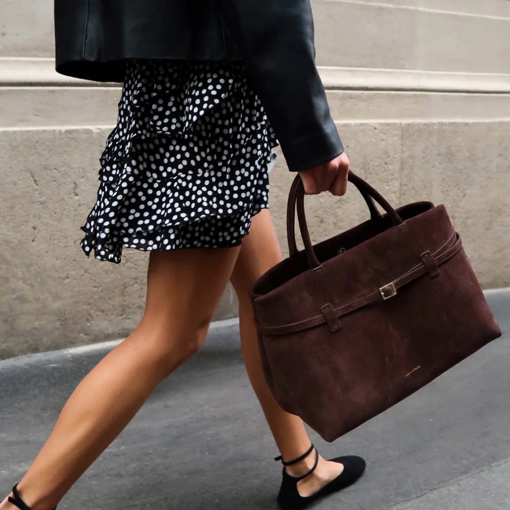 Manu Atelier Suede Tote in color Tobacco Green.